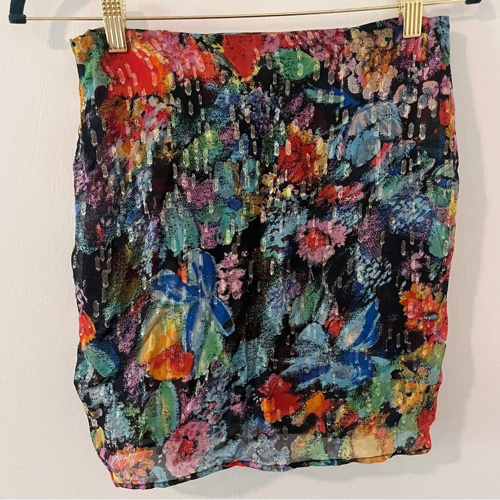 The Kooples Paris Multicolor Metallic Floral Mini Skirt Silk Size 2